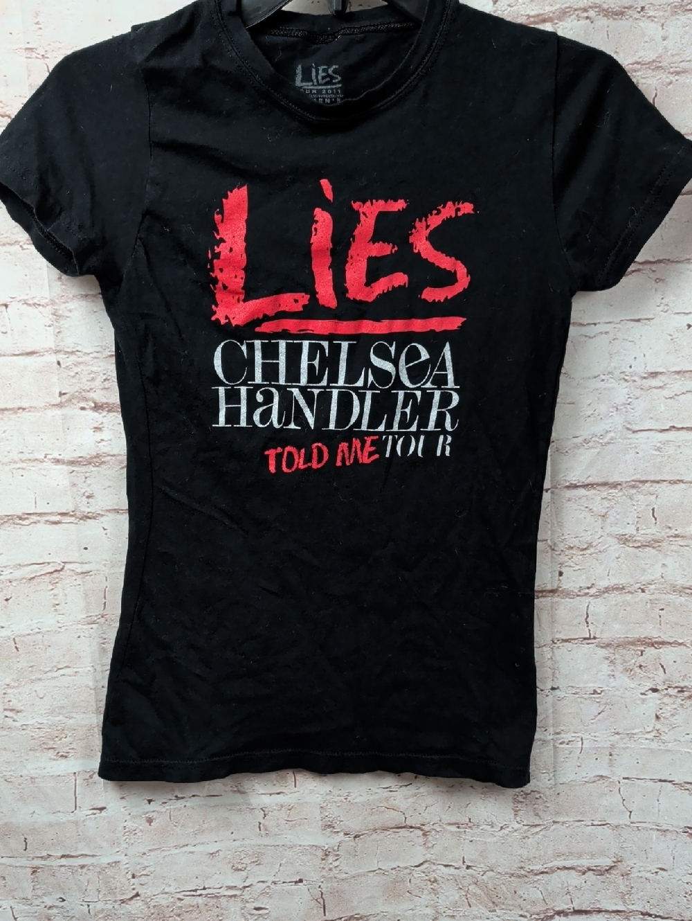 LIES Chelsea Handler Black Graphic Tee with Red & White Print Small